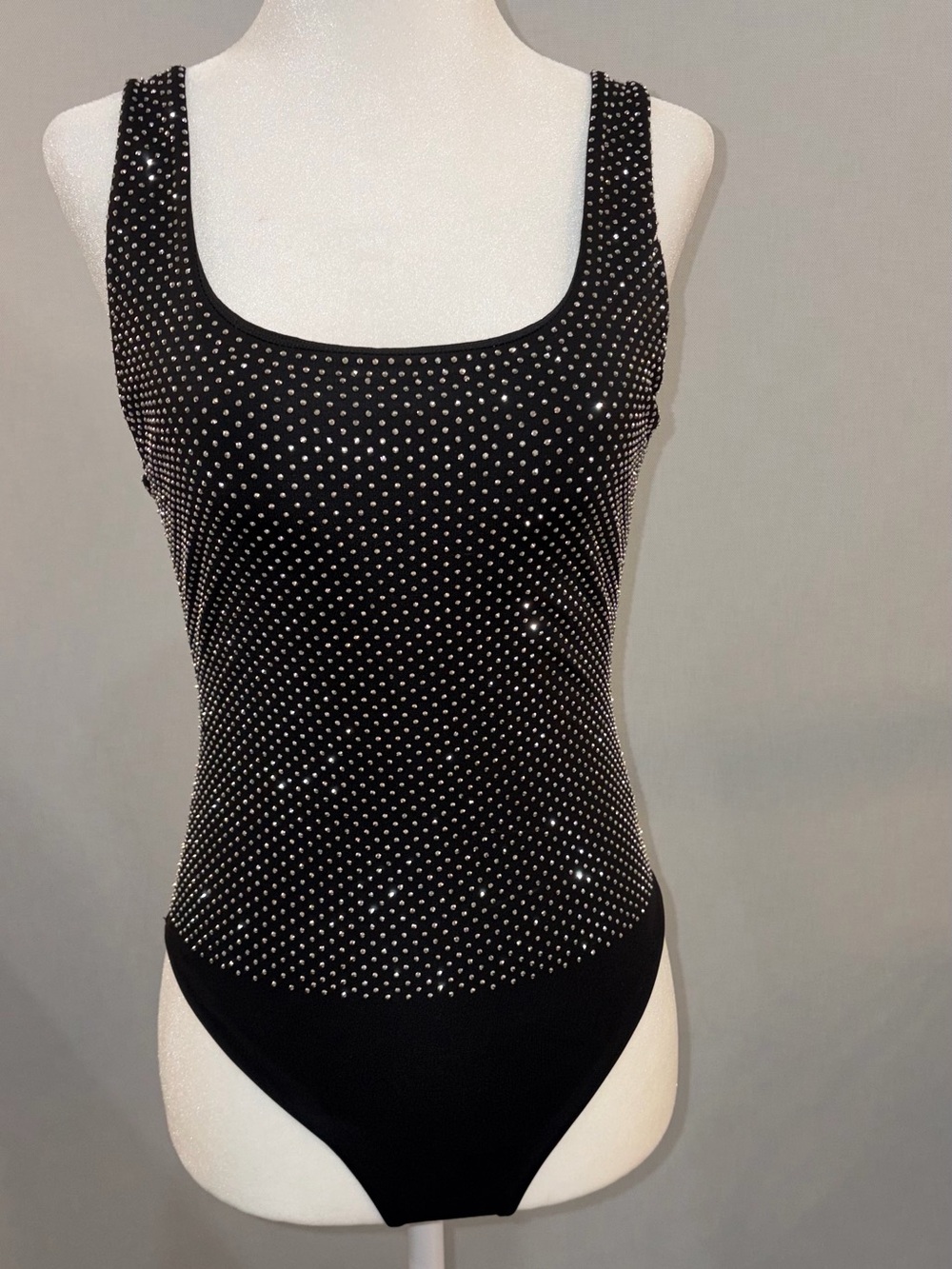 Alice + Olivia Black Rhinestone-Embellished Scoop-Front Bodysuit